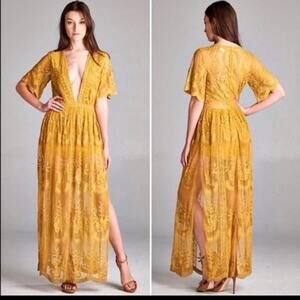 Honey Punch mustard embroidered lace plunge maxi dress romper medium